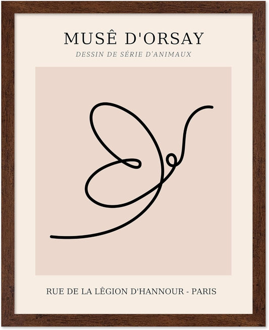 Poster Master Vintage Poster - Retro One Line Butterfly Drawing Print - Butterfly Line Art - Minimal Gift for Him, Her, Animal Lover - Abstract Decor for Home, Office, 11x14 Brown Framed