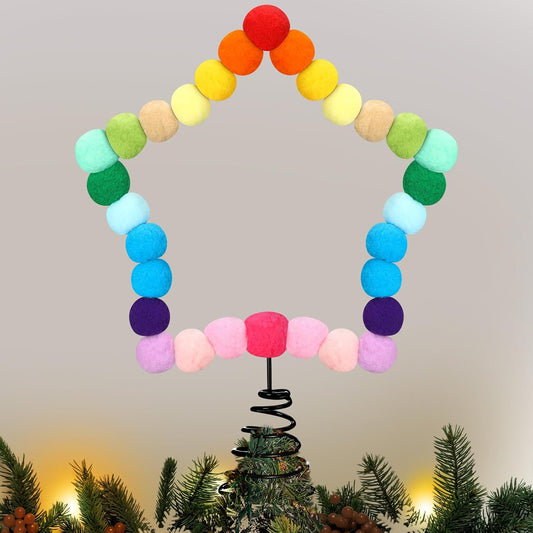 Rainbow Felt Ball Star Christmas Tree Topper Colorful Pom Pom Felt Ball Xmas Tree Topper Colorful Five Pointed Star Xmas Ornaments for Decoration(8.3 x 7.1 Inch)