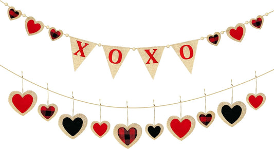 Valentine’s Day Party Decorations Felt XOXO Sign Triangle Pennant Banner Flag Buffalo Plaid Red Black Heart Burlap Garland with Wood Beaded for Wedding Birthday Valentine’s Day Party Supplies