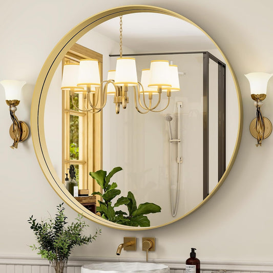 32 Inch Round Bathroom Mirror - Wall Mounted Circle Mirror with Metal Frame, Modern Mirror Suitable for Bathroom, Vanity, Entryway, Living Room, Wall Decor,Gold