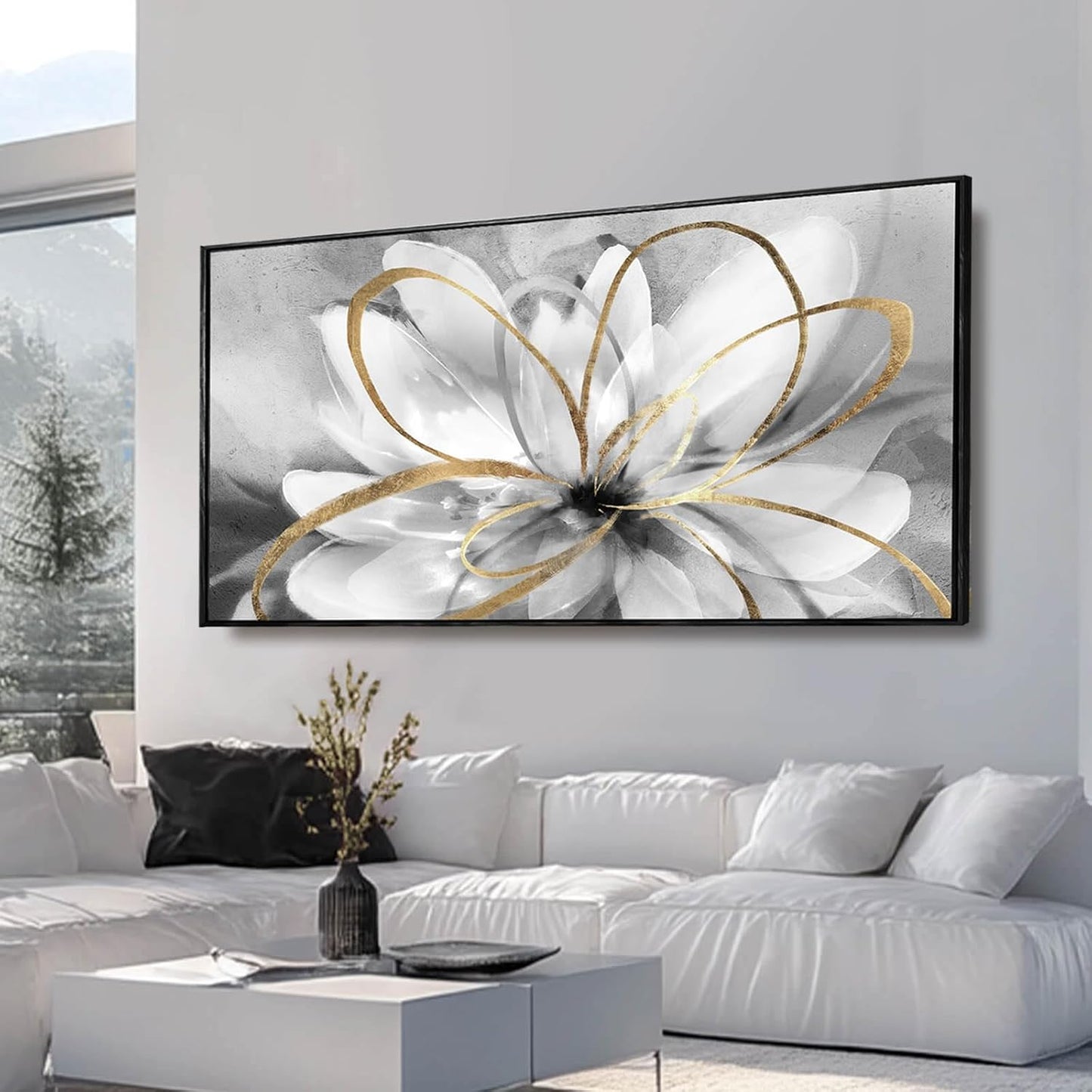 Kureful Botanical Canvas Wall Decor Abstract Floral Wall Art for Home Grey Artwork Contemporary Wall Painting for Office Large Size 29"x 58" Poster
