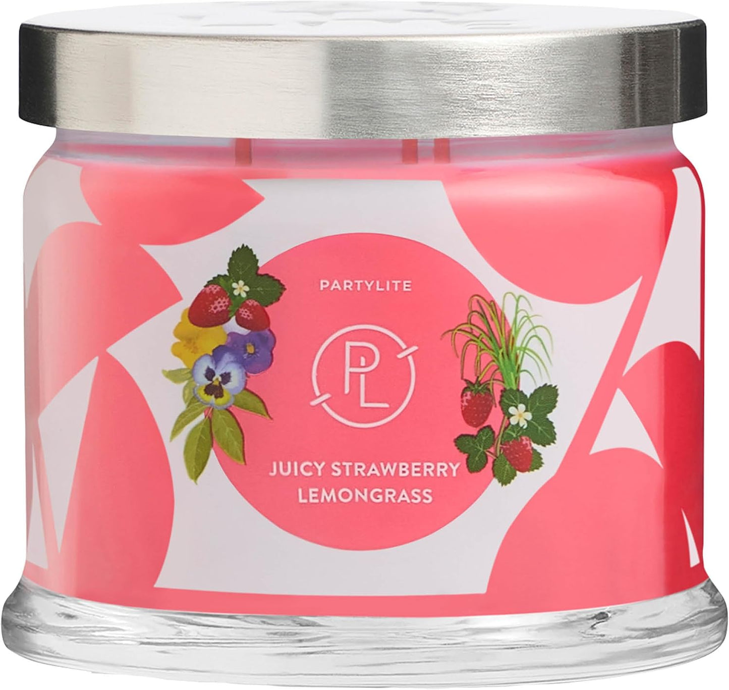 PartyLite Juicy Strawberry Lemongrass Scented, Notes of Lemongrass, Eucalyptus, Pansies, Verbena & Cedarwood, 13.2oz 3-Wick Jar Candle, 45 Hour Burn Time, Luxurious Fragrance, Ideal for Gifting