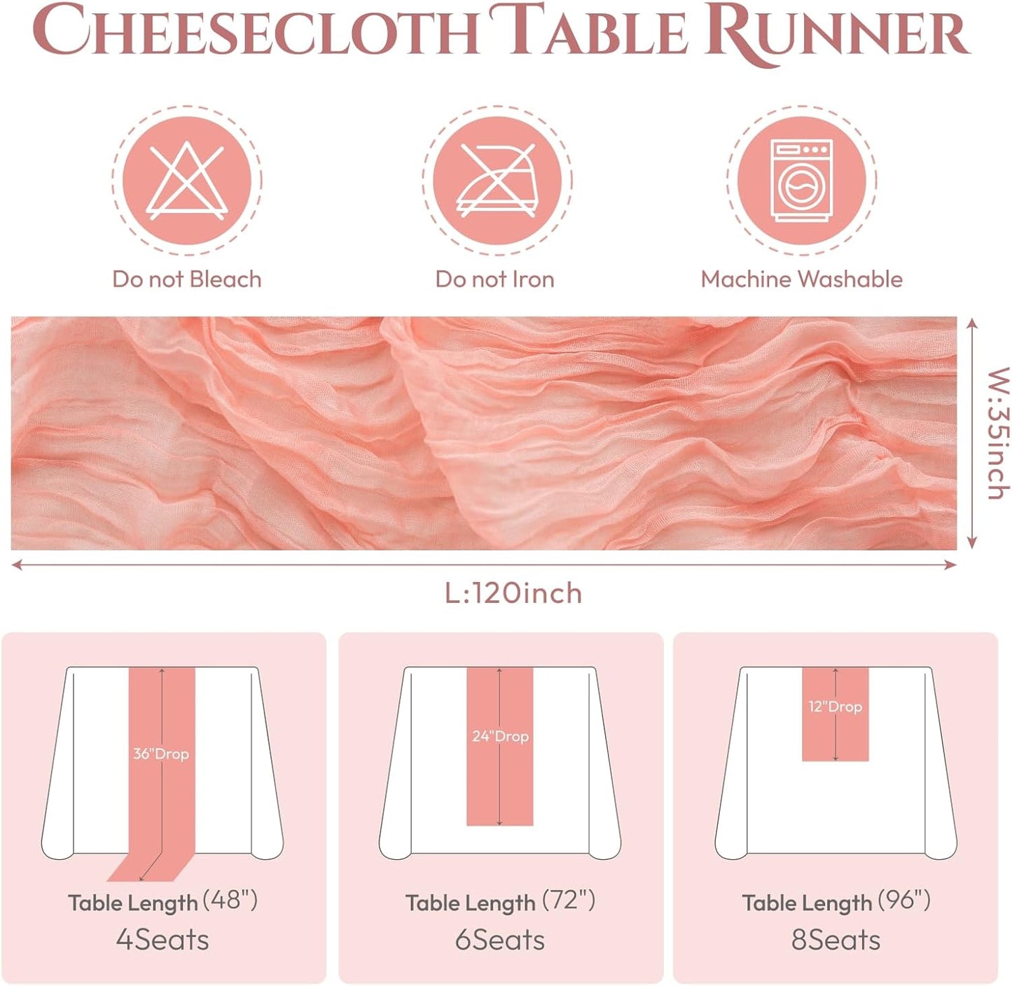 Sioloc 10 Pack Peach Coral Cheesecloth Table Runner Fall Autumn Decor for Home 10ft Table Cloth for Tea Wedding Birthday Party Baby Bridal Shower Halloween Thanksgiving