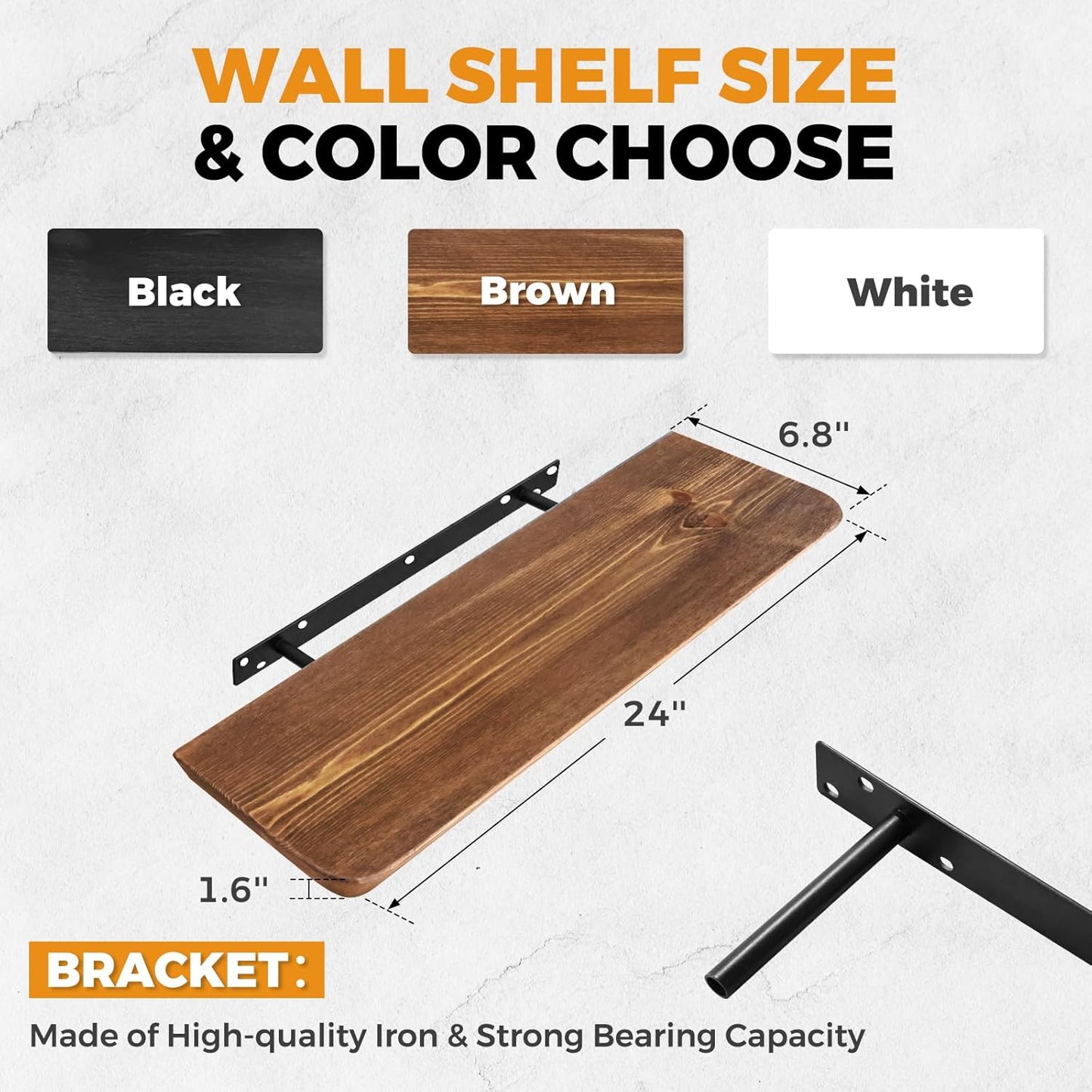 24"x6.8"x1.6" Slanted Floating Wall Shelves 2-Pack - Rustic Brown Finish, Heavy-Duty Solid Wood Design with Hidden Brackets - Perfect for Living Room, Kitchen, Bathroom, or Office