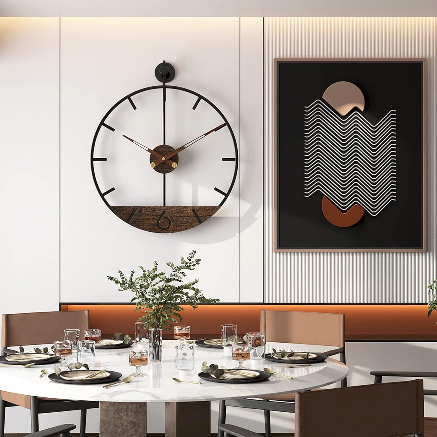 Modern Wood Walnut Dial Wall Clock, Large Simple Wall Decor Metal Frame Silent Non Ticking Clock for Living Room Decor, Kitchen, Bedroom, Study Decoration, Handmade Home Gift Idea, 22.5 in