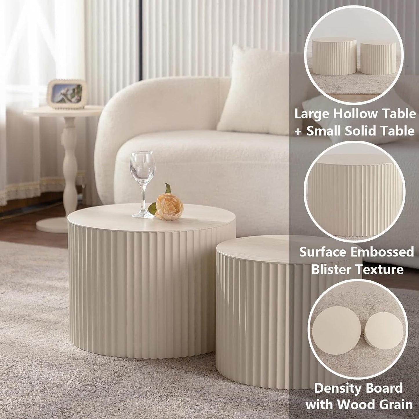 Round Nesting Coffee Table Set of 2, Modern Coffee and End Table Set Small Circle Wooden Drum Side Table Accent End Tables for Living Room Office, No Assembly,Cream Large