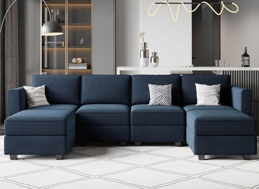 Belffin Modular Sectional Sofa U Shaped Velvet Couch with Reversible Chaise Oversized Couch with Ottoman Blue…