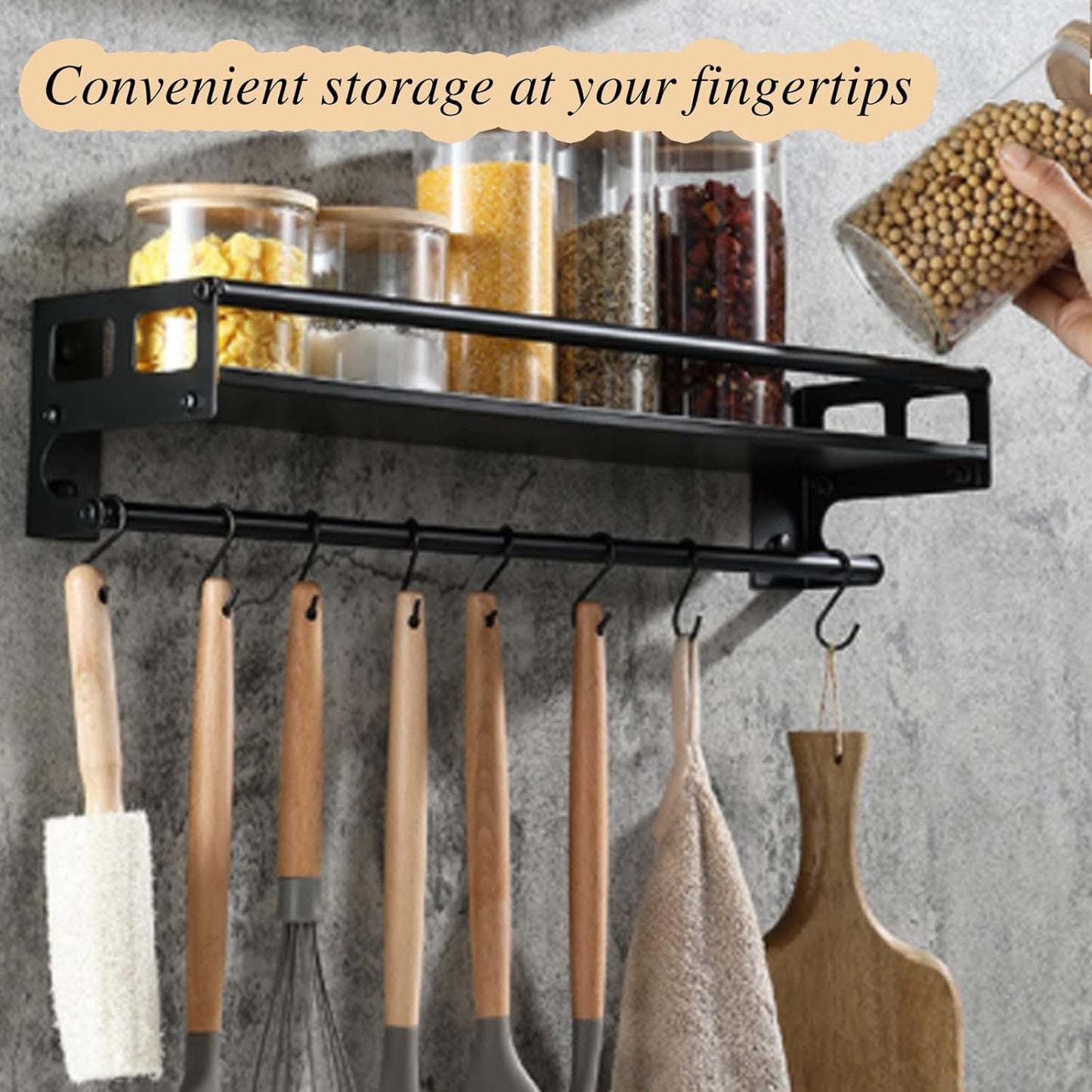 Wall Mount Storage Holder，Stainless Steel Strong Shelf with 6 Removable Hooks, Spice Rack Organizer，Kitchen Organizer Shelf, Space Saving Spice Rack and Kitchen Storage (black)