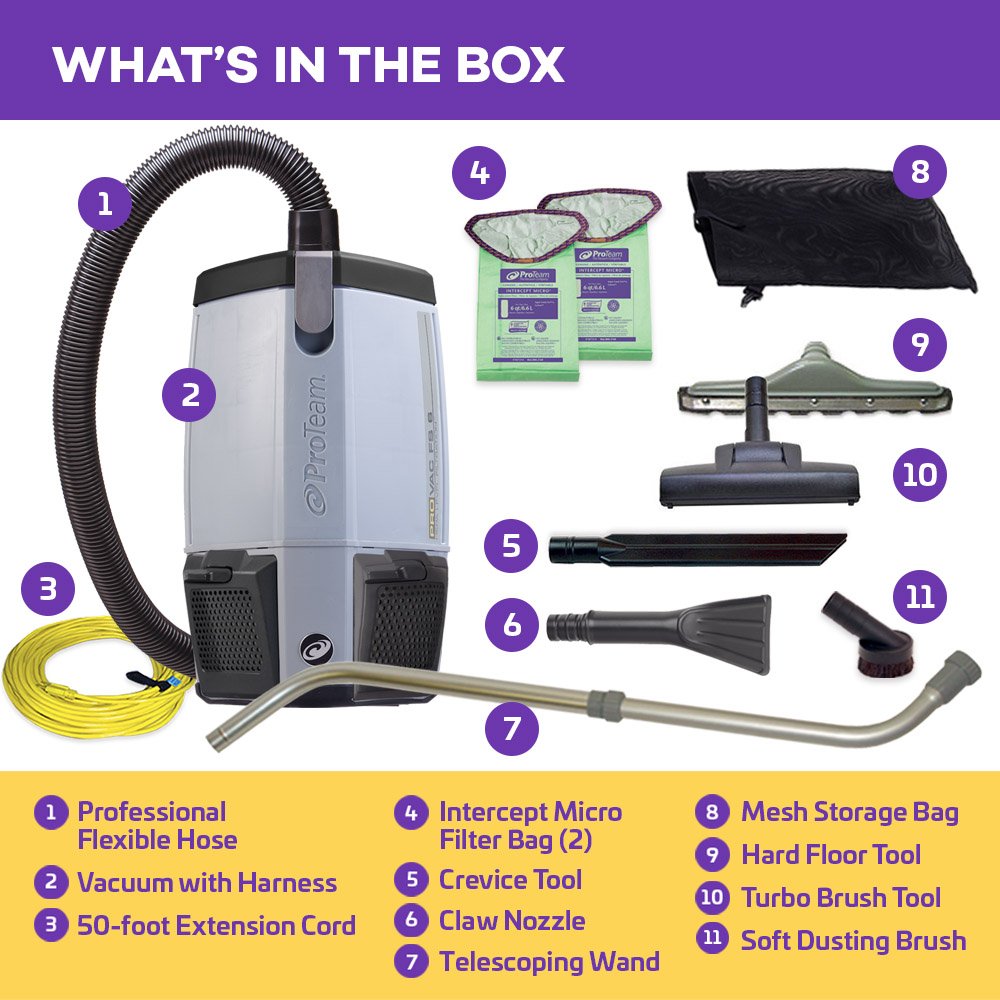 ProTeam Commercial Backpack Vacuum Cleaner, ProVac FS 6 Vacuum Backpack with HEPA Media Filtration and Residential Cleaning Service Kit, 6 Quart, Corded