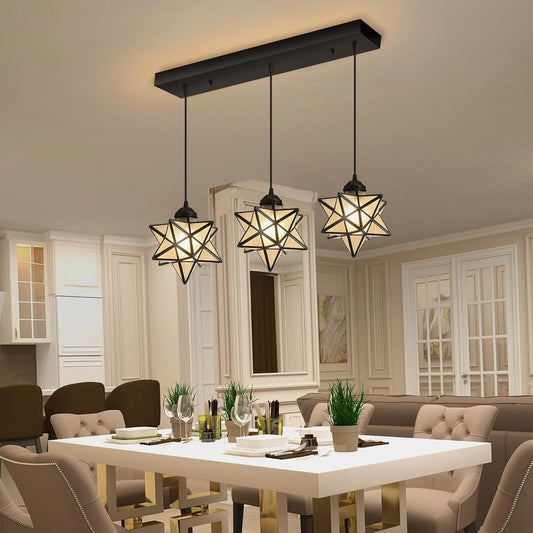 Modern Frosted White Glass Chandelier Dining Room Farmhouse Star Pendants Lights for Kitchen Island LED Ceiling Hanging Lighting Included Warm Light Bulbs Black
