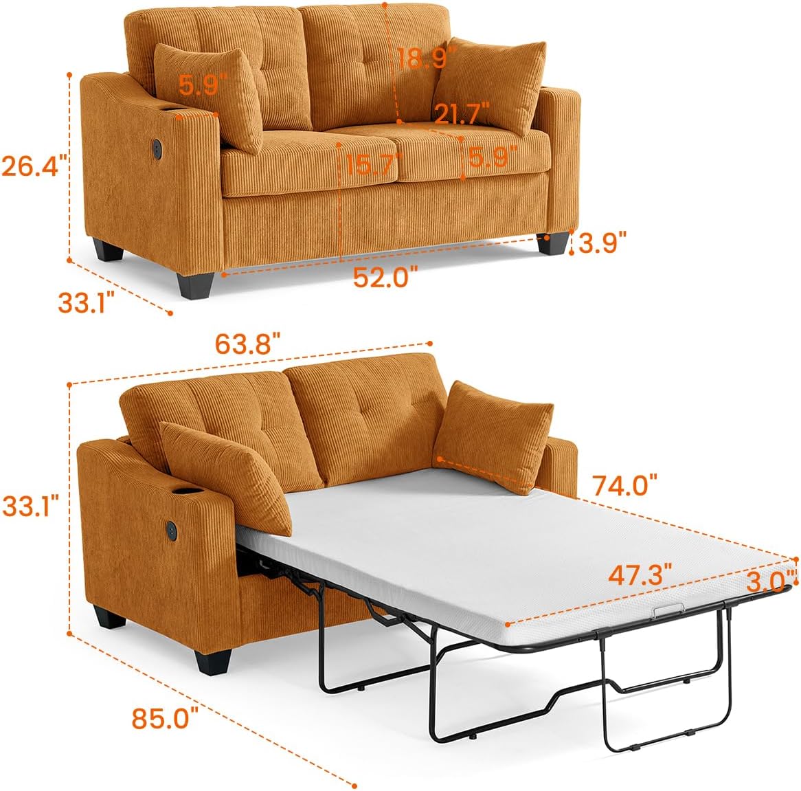 Pull Out Sofa Bed, Full Size Sleeper Sofa, 2-in-1 Convertible Corduroy Couch with USB Charging, Memory Form Couch for Living Room, Apartment and Small Space (Mustard Yellow, Corduroy - Full Size)