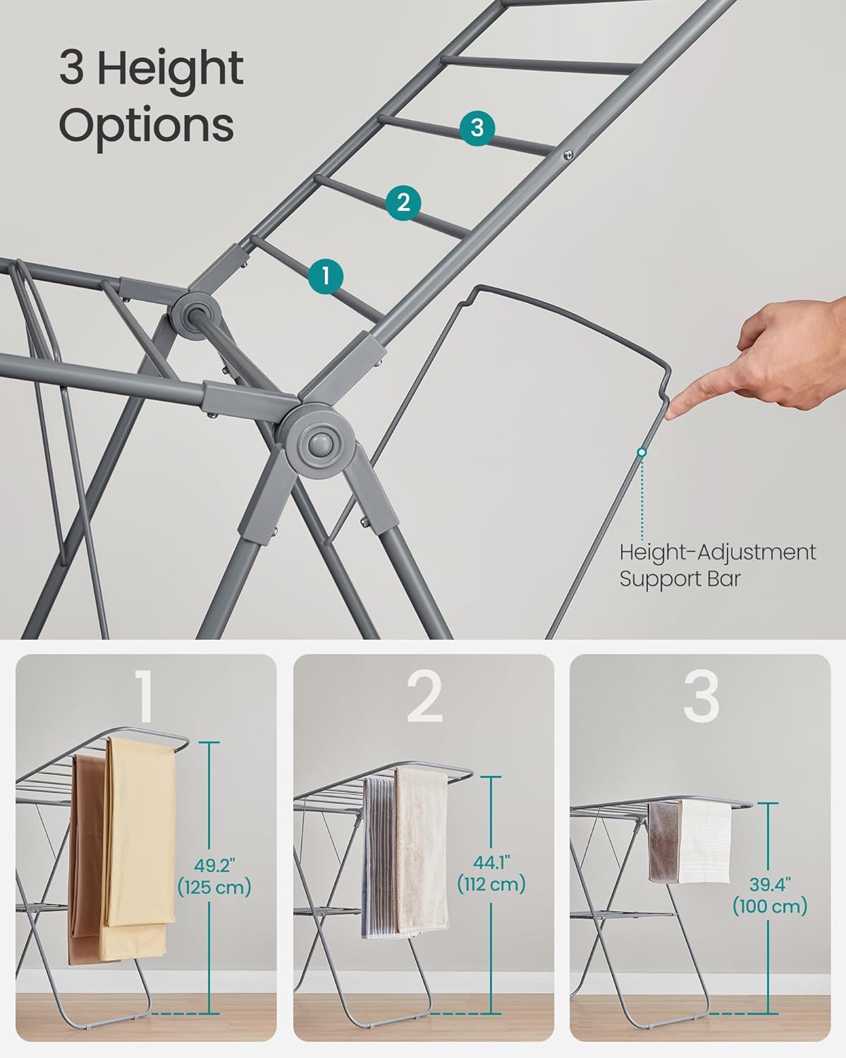 SONGMICS Clothes Drying Rack, with Sock Clips, Metal Laundry Rack, Foldable, Space-Saving, Free-Standing Airer, with 2 Height-Adjustable Gullwings, Indoor Outdoor Use, Gray ULLR052G01