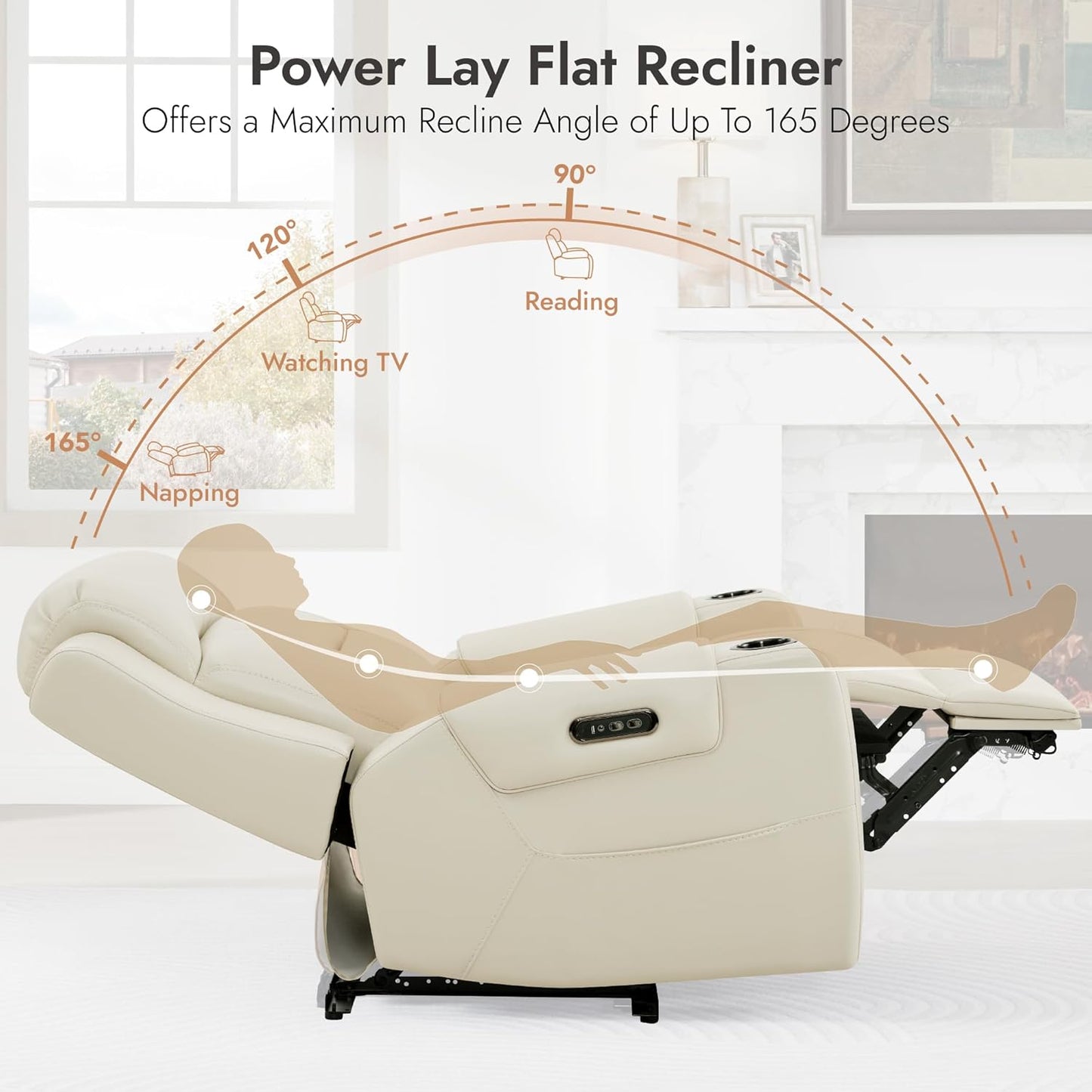 Watson & Whitely Genuine Leather Power Recliner Chairs for Adults, Lay Flat Recliner with Power Headrest, USB Ports and Cup Holders, Electric Reclining Sofa for Living Room, Bedroom, Cream