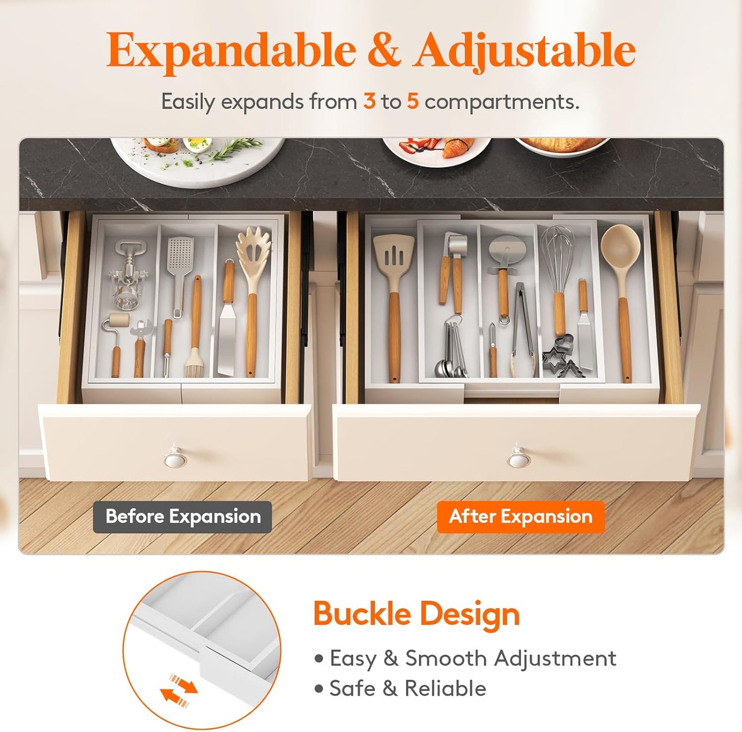 Lifewit Utensil Organizer for Kitchen Drawer, Expandable Cooking Utensil Tray, Bamboo Cutlery Silverware Flatware Holder, Adjustable Spatula Tools and Gadgets Storage Divider, Large, White