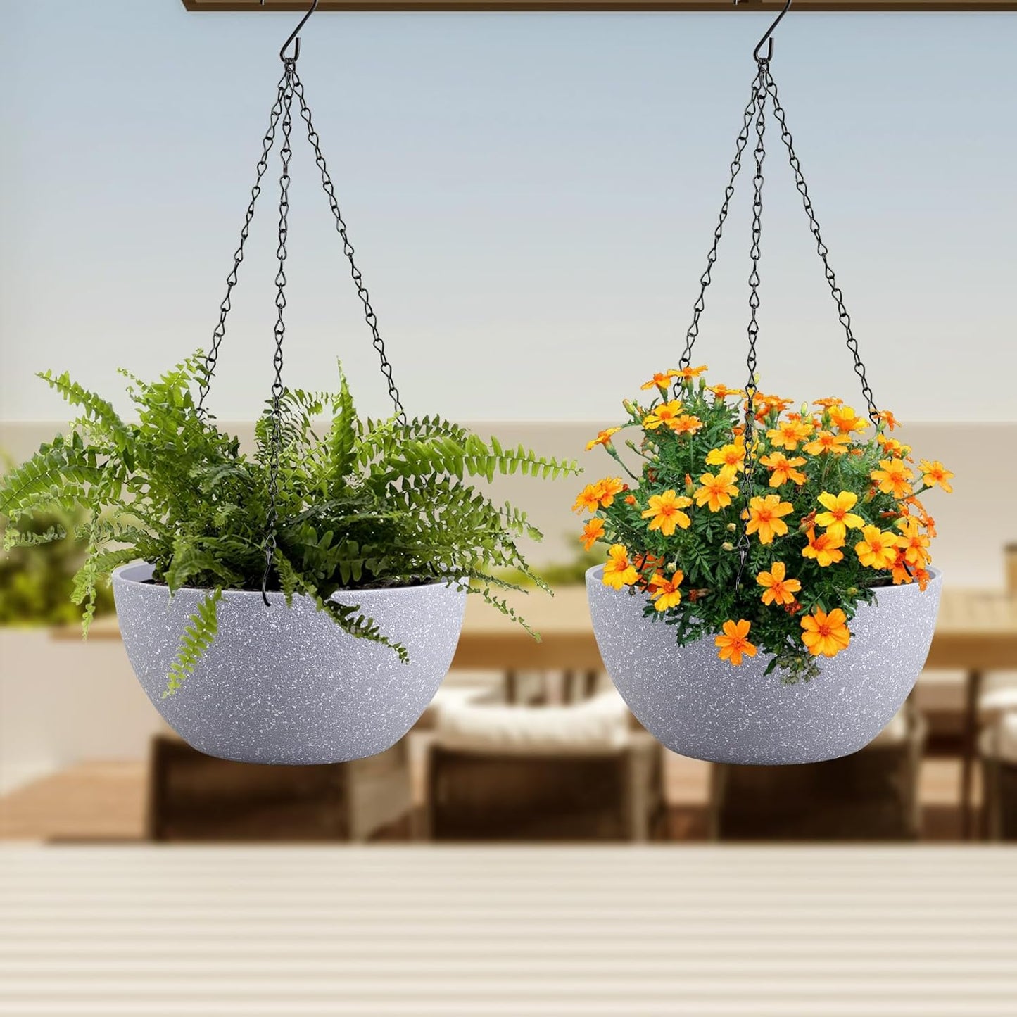 10 inch Hanging Planters for Indoor Outdoor Plants, 2 Pack Hanging Flower Pots with Drainage Holes and Chain for Garden Porch, Plastic Hanging Baskets for House Plants, Speckled Grey