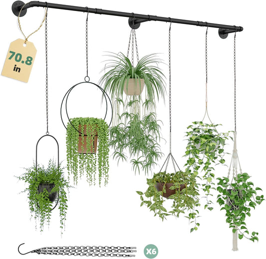 Plant Hanger Indoor with 6 Hanging Chains Hanging Planters for Indoor Plants Hanging Plant Holder Window Plant Rod Black Metal Shelves(70.8 Inch Pot not Included