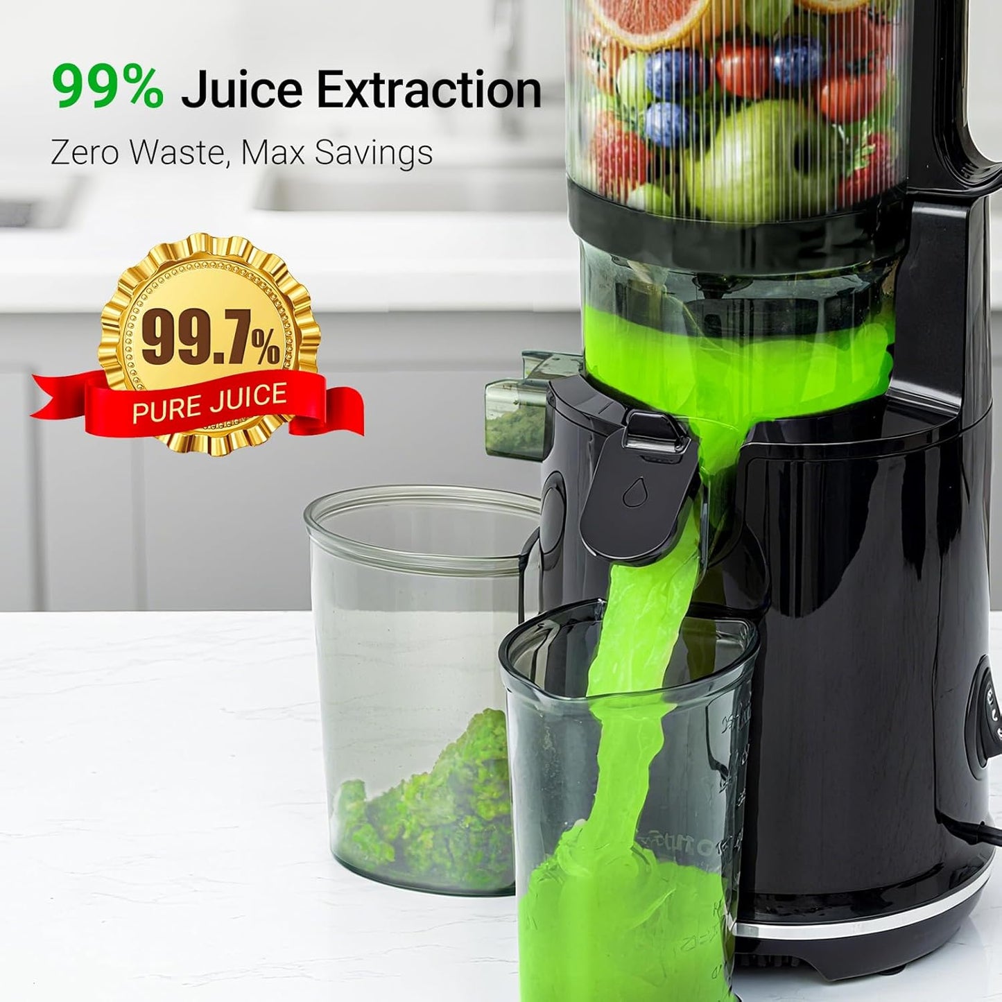 Juicer Machines,Aeitto Cold Press Juicer with 5.3“ Extra Large Feed Chute for Whole Fruits & Vegetables, Juice Extractor Machine, Self Feeding, Easy to Clean, High Juice Yield, Black