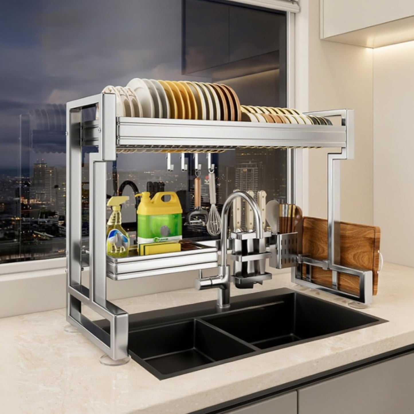 Kitchen Sink Rack Sink Above The Dish Drain Dish Washing Rack Stainless Steel Multifunctional Dish Storage Rack,Over The Sink Drying Rack for Dishes(1,55cm/21.7in)