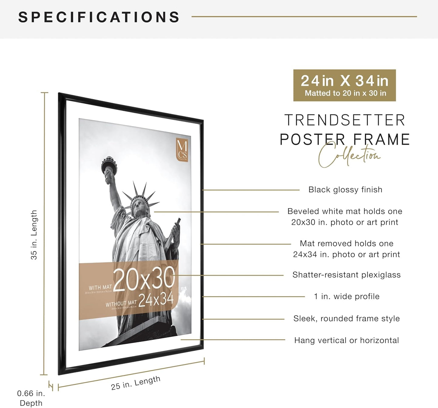 MCS Trendsetter 24x34 Matted Poster Frame with 20x30 Picture Display, Black Vertical & Horizontal Wall Hanging Large Picture Frame for Photos & Posters (1-Pack)
