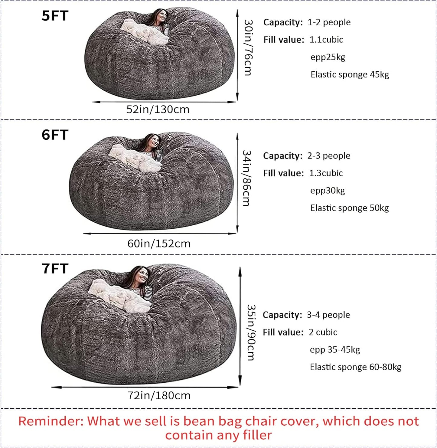 Big Huge Giant Bean Bag Chair for Adults, (No Filler) Bean Bag Chairs in Multiple Sizes and Colors Giant Foam-Filling Required- Machine Washable Covers, Double Stitched Seams (Orange,6FT)