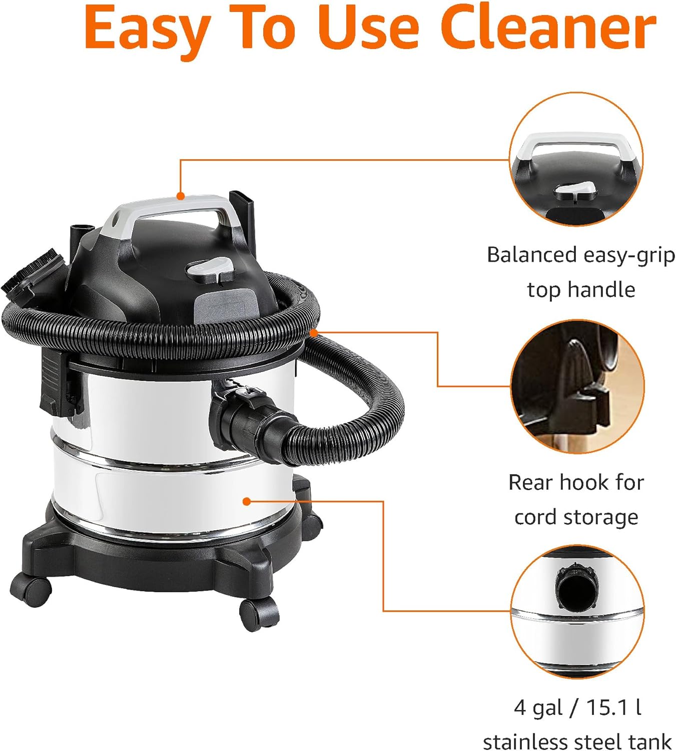 Amazon Basics Wet Dry Vacuum Cleaner, 4 gallon Shop, 3 HP Stainless Steel, Grey/Black