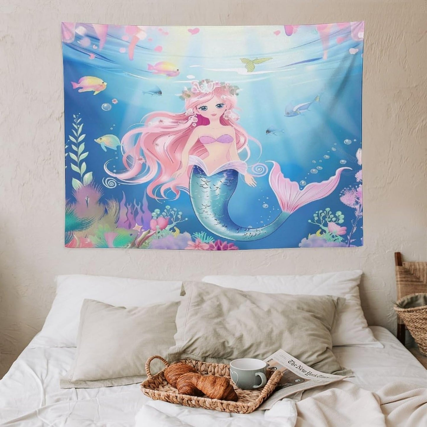 HZOHNAGO Mermaid Girls Tapestry Watercolor Mermaid Princess Pattern Printed Wall Tapestry Wall Hanging for Bedroom Living Room Dorm 40" W x 30" H