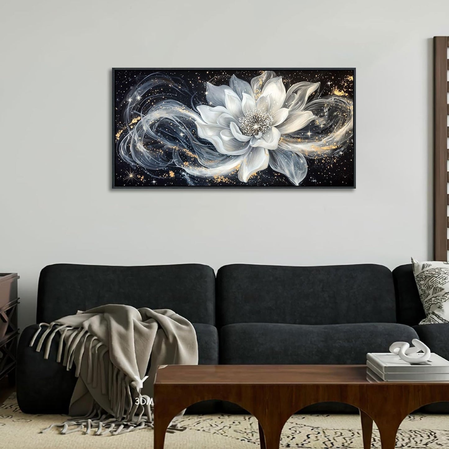 QZQCBLC Black and White Floral Wall Art, Abstract Lotus Flower Framed Canvas Painting White Gold Petals Modern Pictures Artwork for Living room Bedroom kitchen Bathroom Home Office Decor 20x40 IN