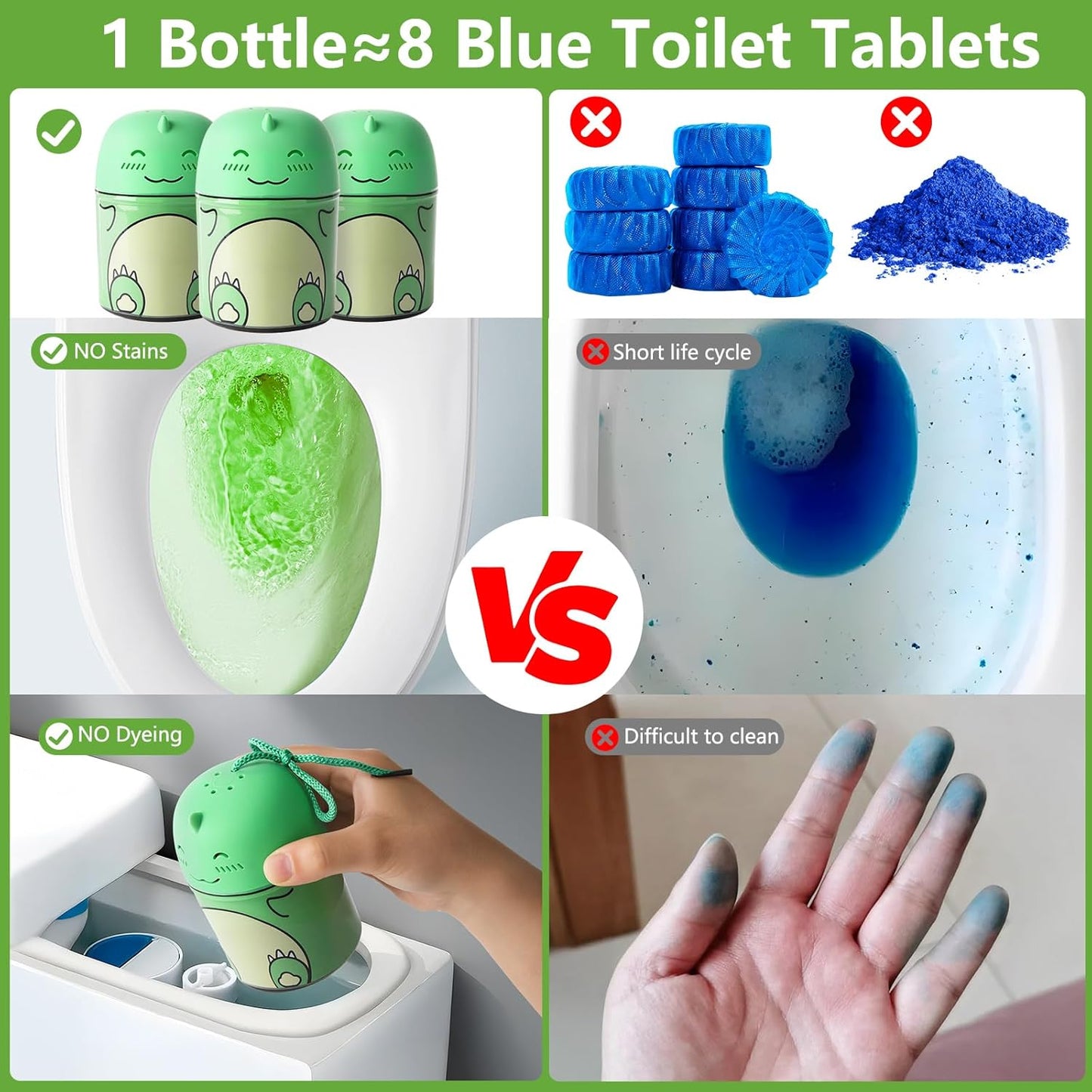 Toilet Bowl Cleaner-Cute Dinosaur-Shaped Toilet Bowl Cleaner Bottle Automatic Bathroom Toilet Tank Cleaner Easy-To-Use Septic Safe Toilet Cleaner in Bottle with Jasmine Scent (1, green)