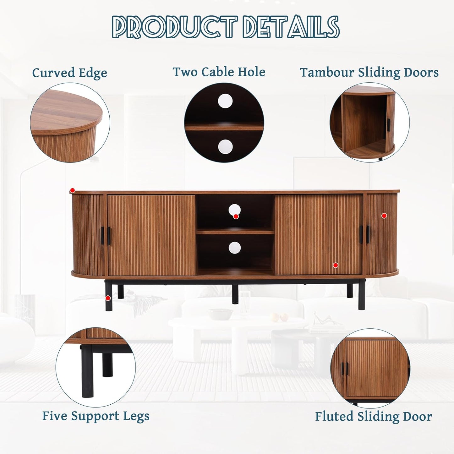 62" Tambour Door TV Stand,Wood Mid Century Modern TV Cabinet for Up to 70“ TV,Curved Edge Long TV Stand with Storage for Bedroom Living Room(Walnut, 62.2inch)