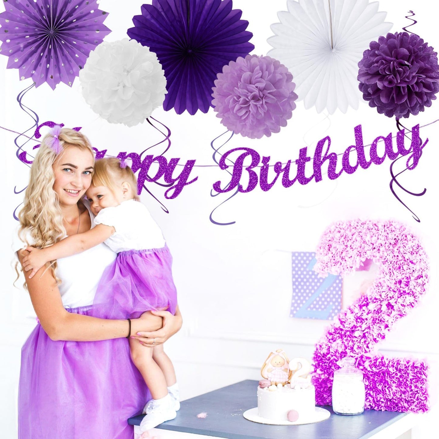 Purple Lilac-Lavender White Women Birthday Party-Decorations - 21pcs Happy Banner,Paper Lanterns,Tissue Pom Poms Flower Fan,Honeycomb Ball,Hanging Streamers Garland, Girls Decor Supplies Huglony