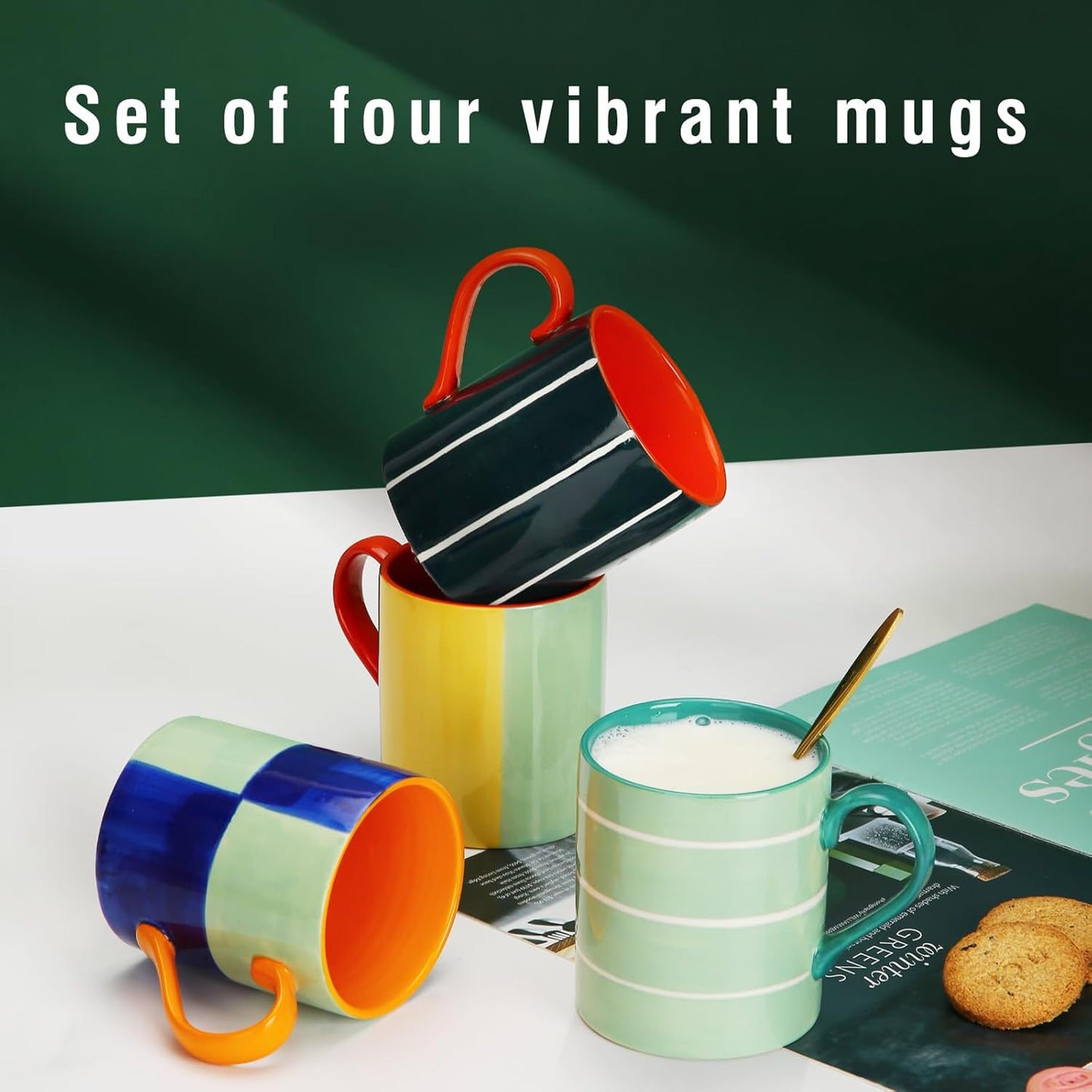 Koja Colorful Hand Painted 16 oz. Porcelain Ceramic Mugs Set. Service for 4.