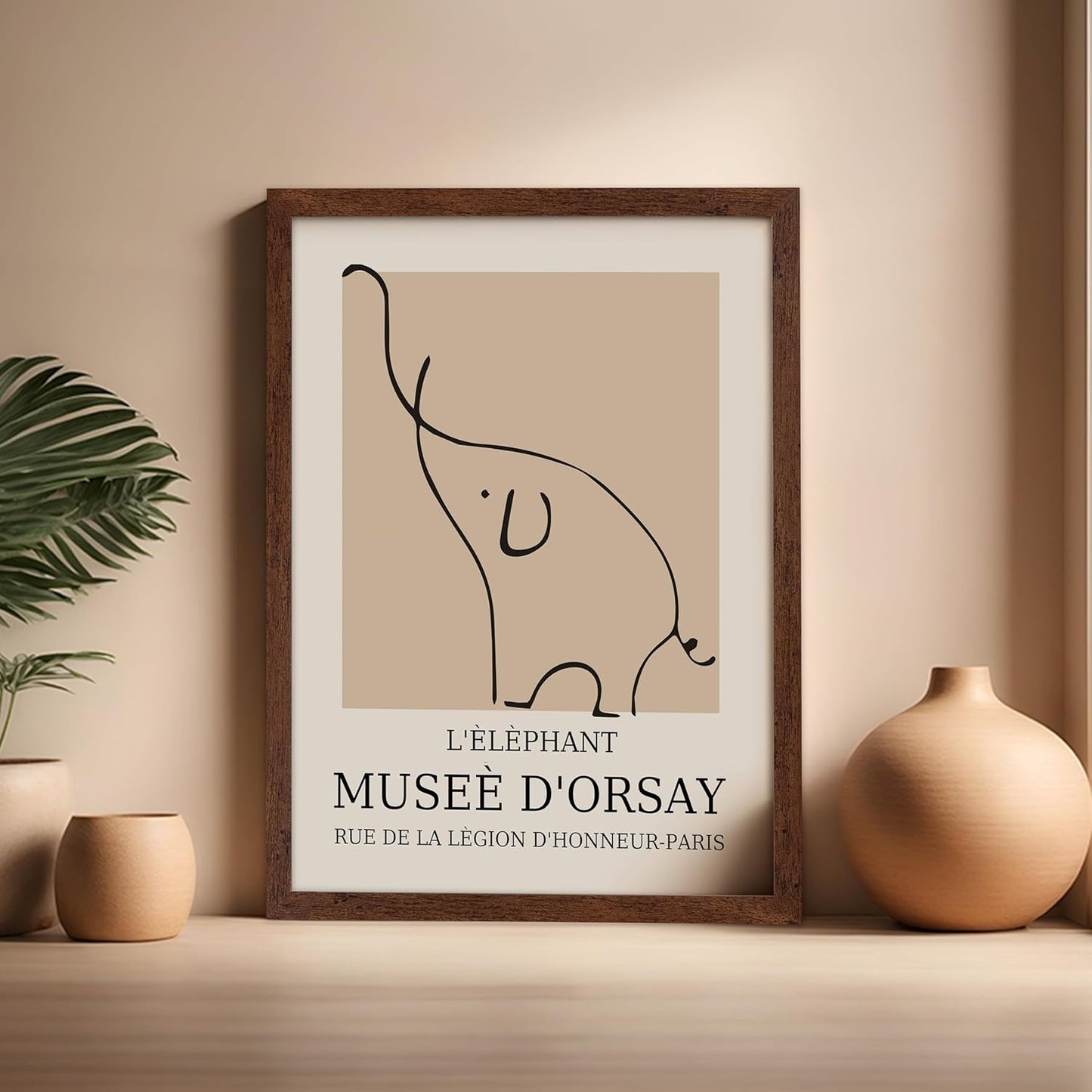 Poster Master Vintage Poster - Retro Minimalist Print - Gift for Artist, Housewarming - Elephant, Line Drawing, Sketch, Abstract - Wall Decor for Living Room, Bedroom, 16x20 Brown Framed