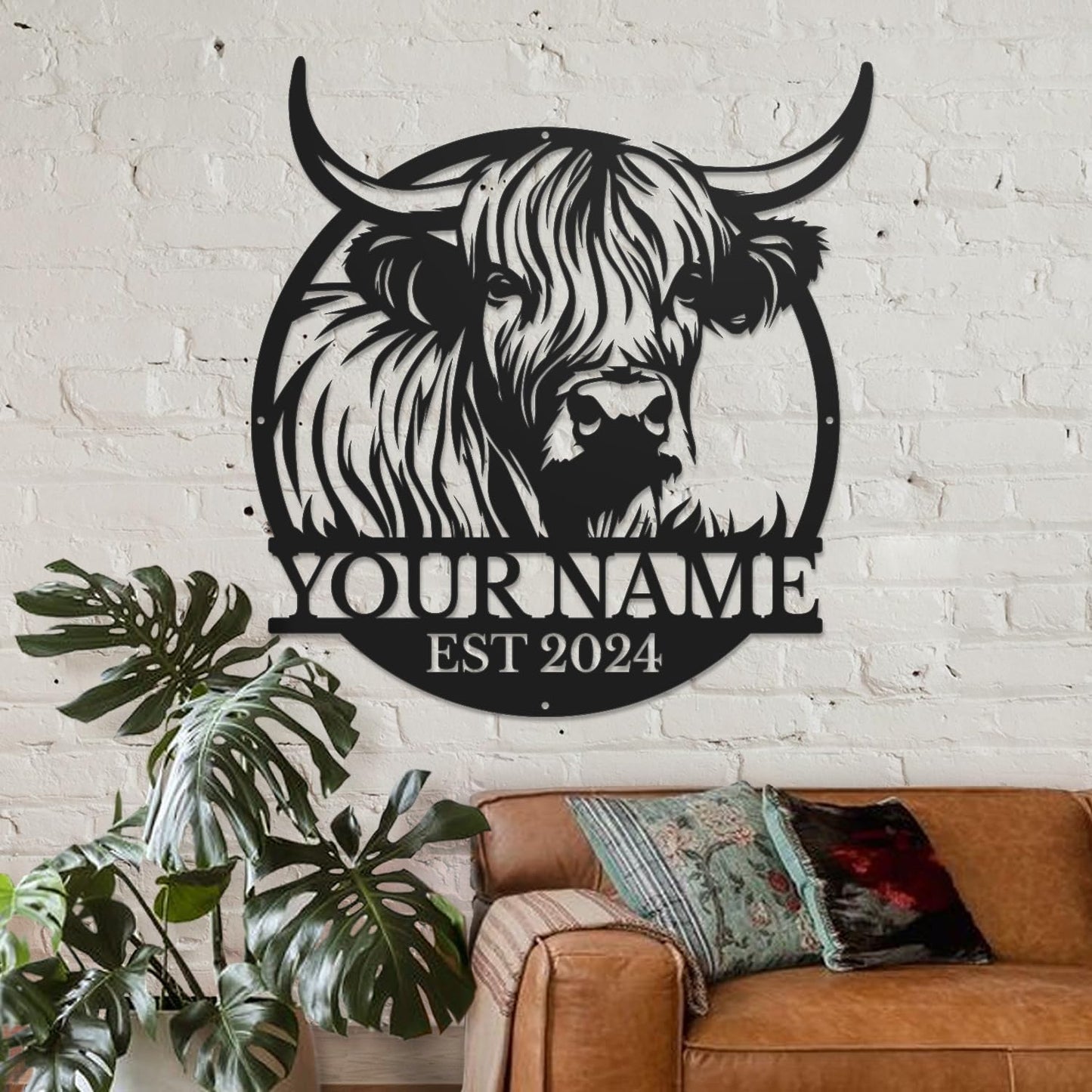Personalized Highland Cow Name metal Signs,Custom Highland Cow Metal Shed Wall Decor,Black Metal Wall Art Plaques Outdoor wall Decorative Signage (Style F)