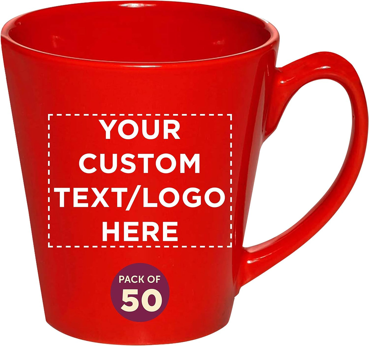 DISCOUNT PROMOS Custom Glossy Ceramic Latte Coffee Mug 12 oz. Set of 50, Personalized Bulk Pack - Perfect for Tea, Espresso, Cappuccino, Hot Cocoa - Red