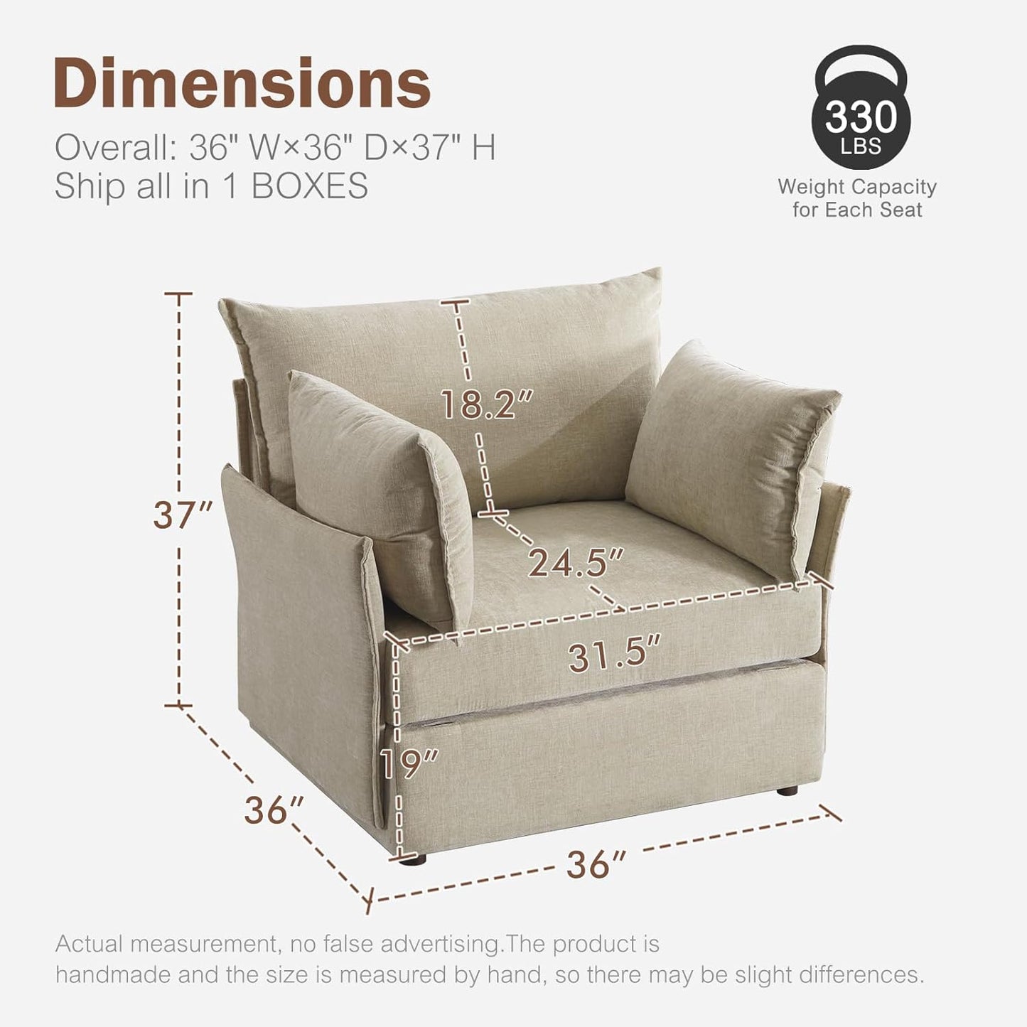 Oversized Accent Chair, Upholstered Modern Sofa Chair with Removable Backrest & Detachable Cover, 24.5" Deep Seat Large Reading Armchair for Living Room Bedroom Office - Chenille Beige Set of 2