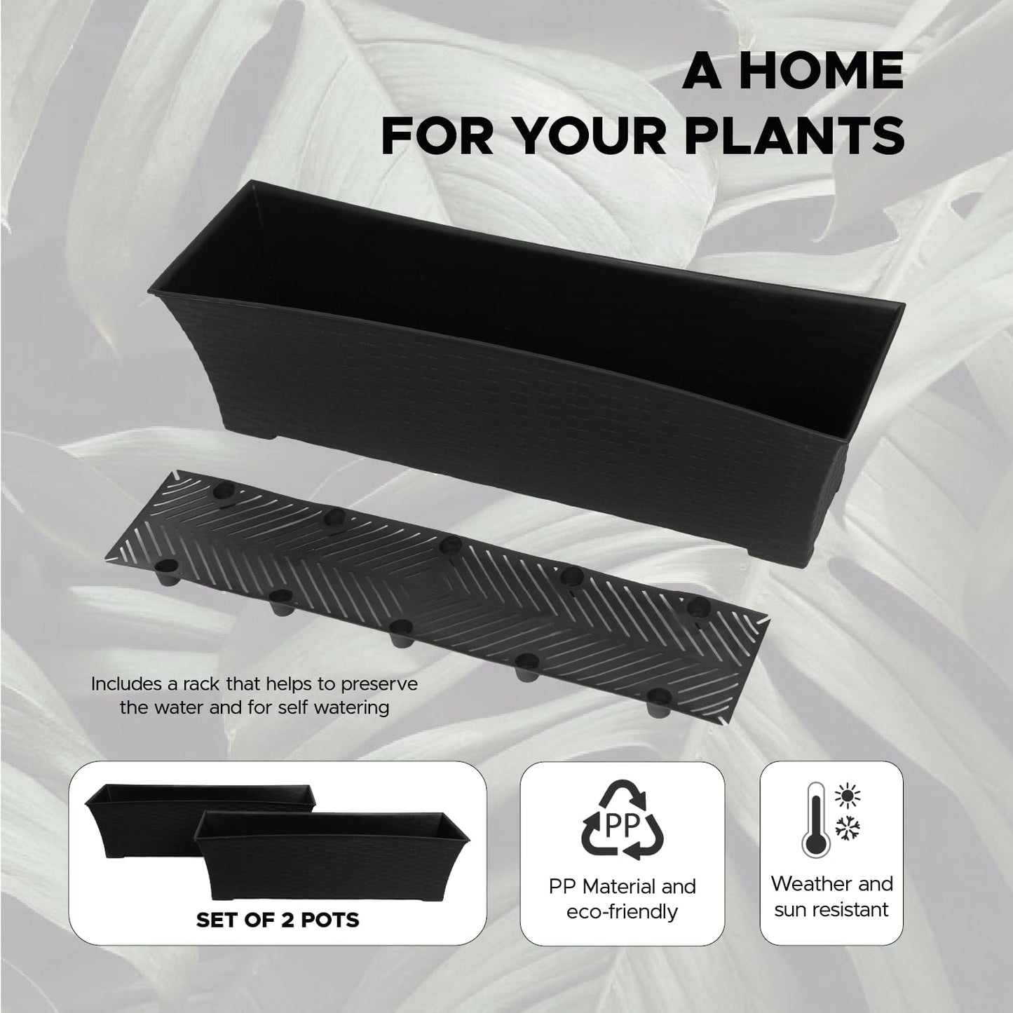 Elly Décor Set of 2 24x8 Rectangular Modern, Resistant and Self Watering Planter with Rattan-Like Finish, 24", Gray