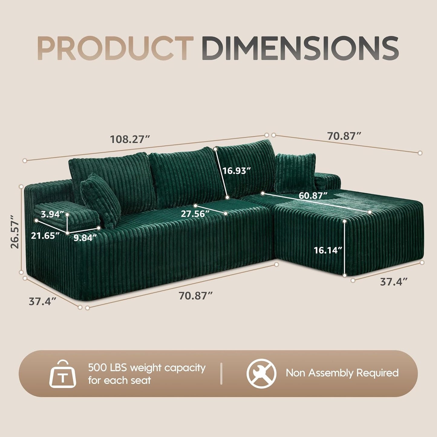 Hobestluk Modular Sectional Sofa Couches 108" L-Shape Couch 3 Seat Modular Sofa Memory Foam Sectional Couches for Living Room, Boneless Couch with Oversized Chaise (Green, Right Facing)