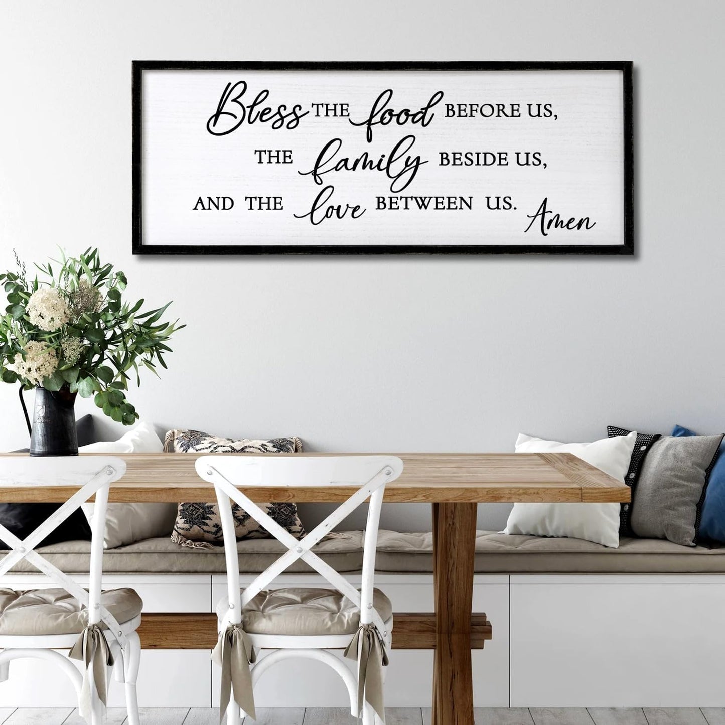 Bless the Food Before Us, the Family Beside Us, and the Love between us Framed Wall Art for Christian God Jesus Christ Prayer, 40''×15'' Positive Holy Religious Rustic Bible Verse for Dining Room
