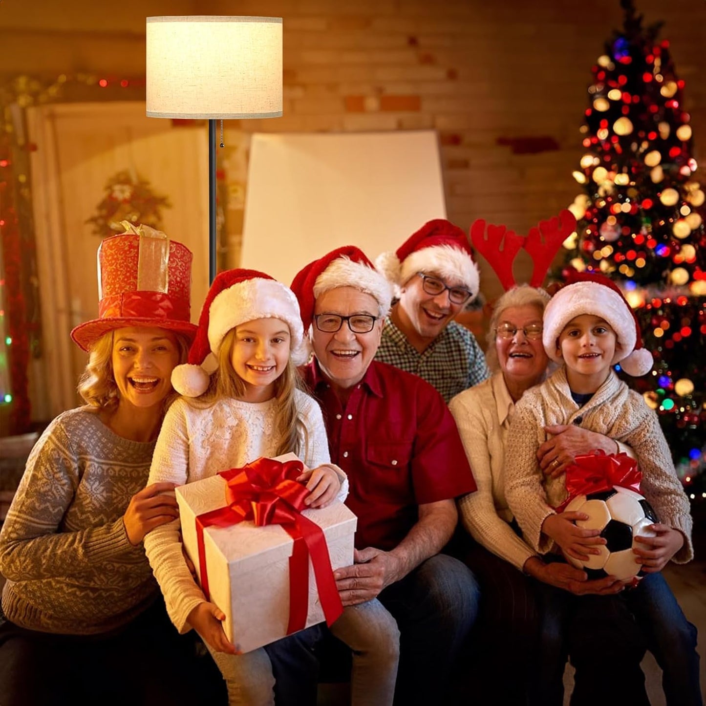 Ambimall Modern Standing Floor Lamp for Living Room & Bedroom with 3 Color Temperatures Bulb & Pull Chain Switch, 60" Tall with Beige Shade & Black Pole