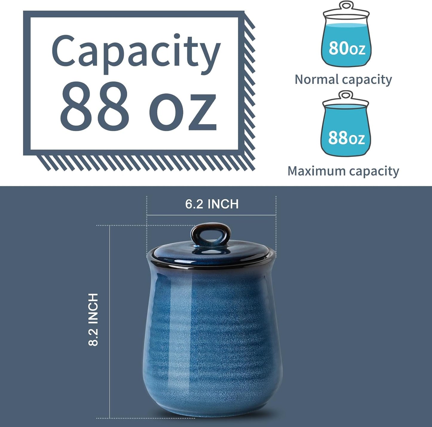 Hasense Ceramic Canister with Airtight Lid for Kitchen Counter, 88 Ounce Large Ceramic Food Storage Jar with Seal Ring for Serving Flour, Grain, Cereal, Pasta, Coffee, Sugar, Tea and Spice, Navy