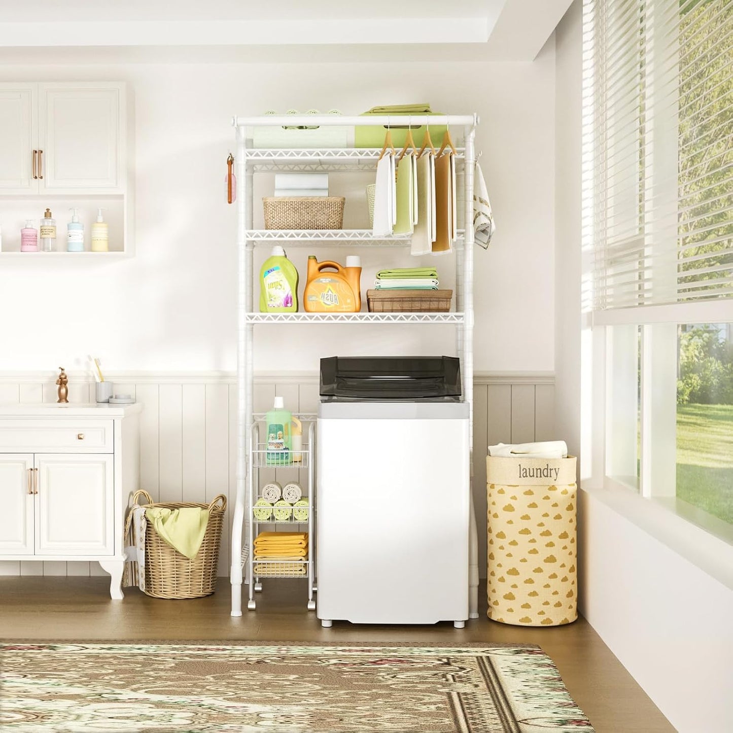 Ulif U11 Over Washer and Dryer Shelves, 3 Tiers Laundry Room Storage and Organizer Standing Shelf, Metal Freestanding Clothes Drying Rack, 33.9" W x 19.7" D x 77.6" H, White