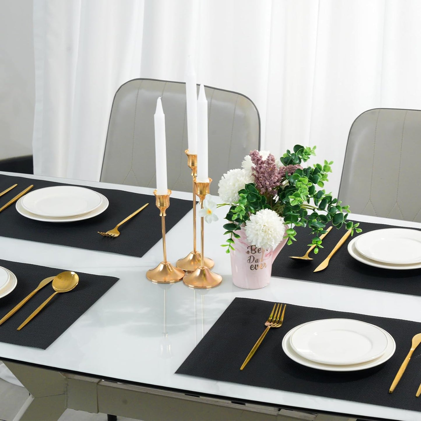 Placemats Set of 12，Non-Slip PVC Weave Table Mats Easy to Clean，Heat Resistant Place Mats for Kitchen Dining Table Decoration Indoor Outdoor，Black