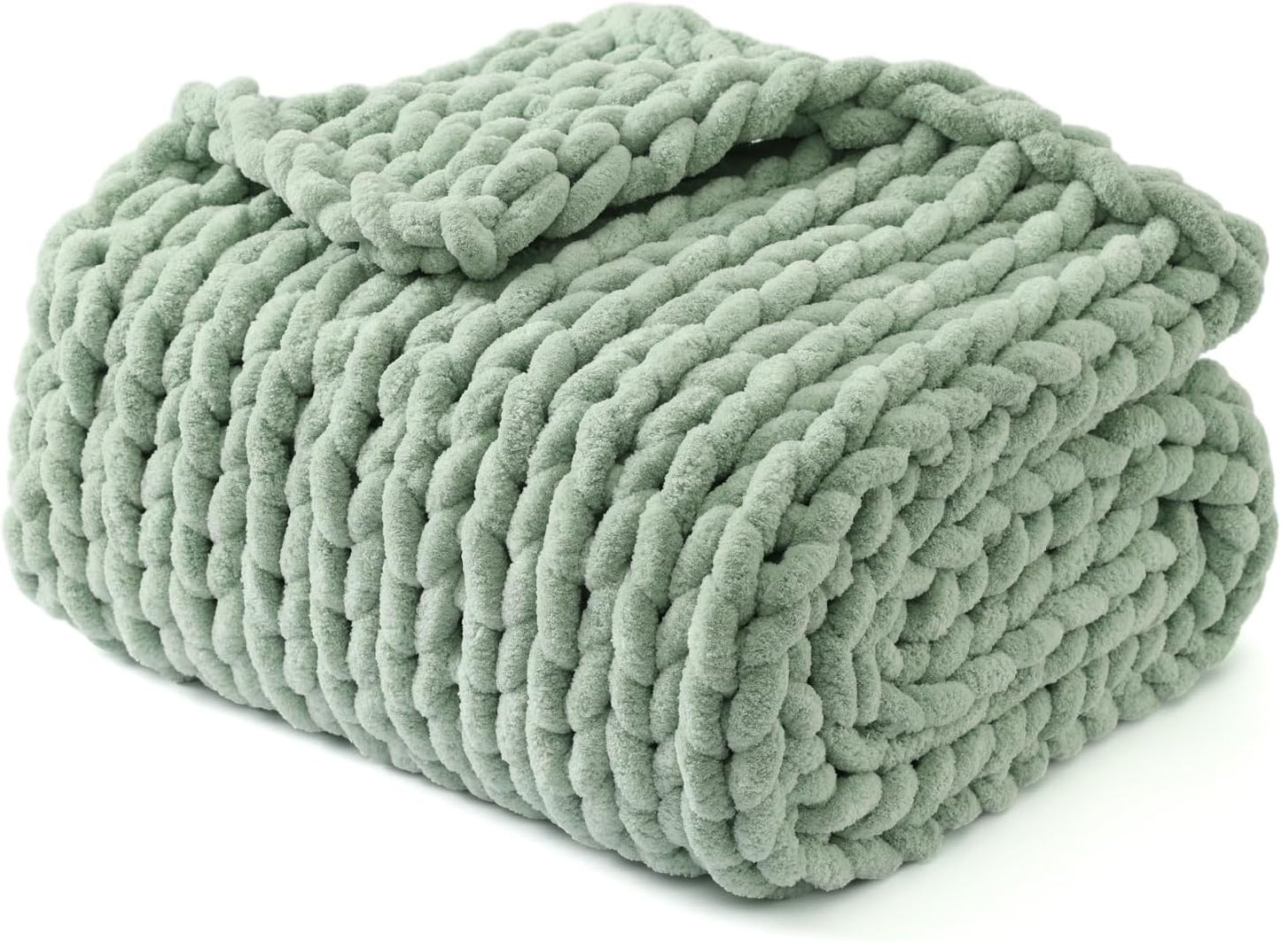 YnM Chunky Throw Blanket, Medium-Weight, Hand Knitted with Chenille Yarn, Skin Friendly, Ventilated and Breathable, Machine Washable, Home Décor Piece for Couch, Sofa and Bed (Sage Green, 40x50 Inch)