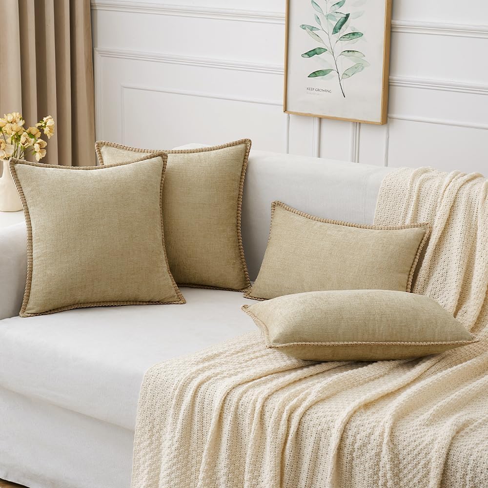 MIULEE Pack of 2 Couch Throw Pillow Covers 22x22 Inch Beige Farmhouse Decorative Pillow Covers with Stitched Edge Soft Chenille Solid Dyed Spring Pillow Covers for Sofa Bed Living Room