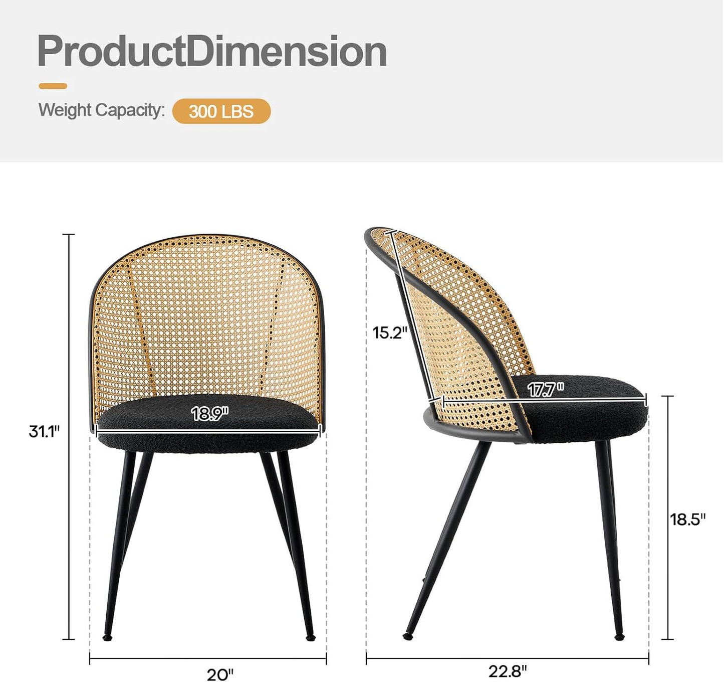 Rattan Dining Chairs Set of 2, Mid-Century Modern Kitchen Dining Room Chairs with Full Cane Backrest Armless Upholstered Farmhouse Boucle Dining Chairs with Metal Leqs for Dining Room, Black