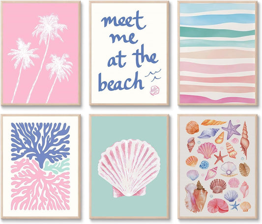 6 Pcs Coastal Beachy Wall Art Tropical Summer Shell Ocean Paintings Prints Posters Trendy Pink Preppy Palm Tree Canvas Wall Decor Aesthetic for Bedroom Living Room Dorm Apartment 8x10inch Unframed