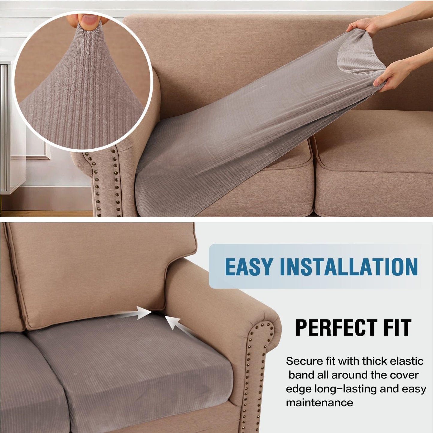 H.VERSAILTEX Velvet Stretch Couch Cushion Cover Plush Cushion Slipcover for Chair Loveseat Sofa Cushion Furniture Protector Seat Cushion Sofa Cover (3 Piece Sofa Cushion Covers, Taupe Striped)