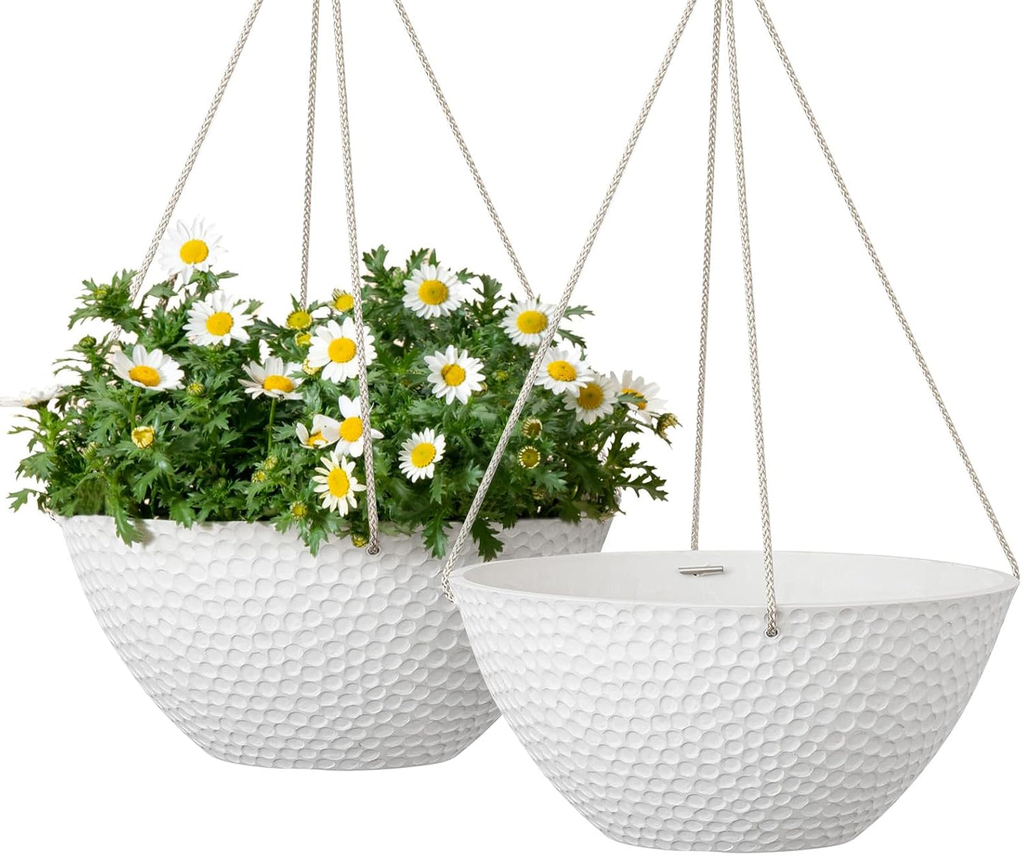 LA JOLIE MUSE Hanging Planters for Outdoor Plants, Large Hanging Planter with Drain Holes, Outdoor Hanging Flower Pots, White Stone, Honeycomb (13.2 Inch, Set of 2)