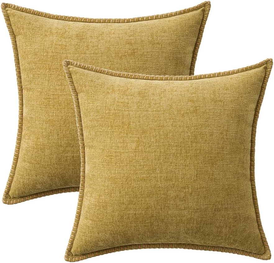 MIULEE Pack of 2 Couch Throw Pillow Covers 16x16 Inch Mustard Yellow Farmhouse Decorative Pillow Covers with Stitched Edge Soft Chenille Solid Dyed Fall Pillow Covers for Sofa Bed Living Room