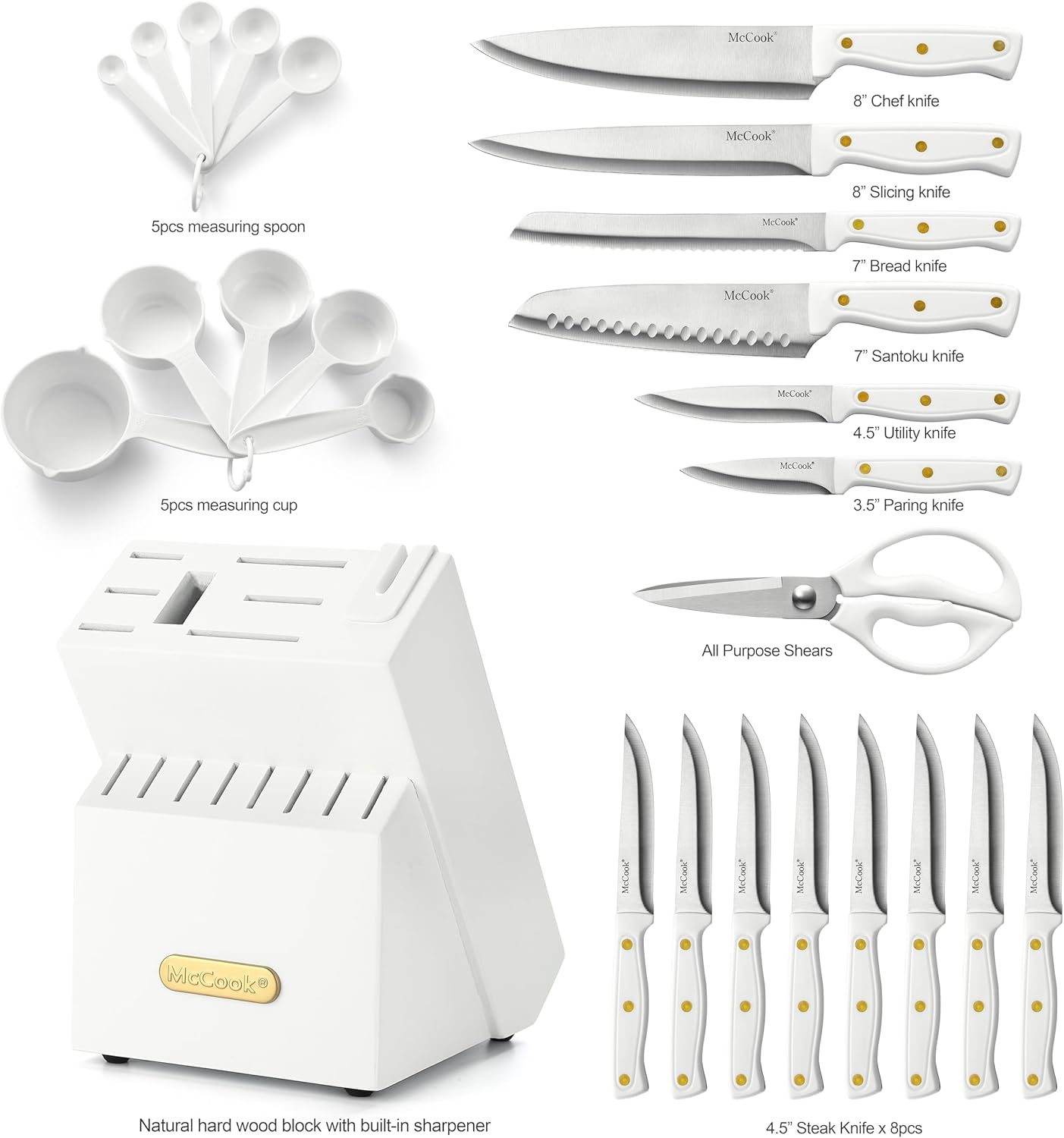 McCook® Knife Sets, White High Carbon Stainless Steel Kitchen Knife Sets with with Built-in Sharpener